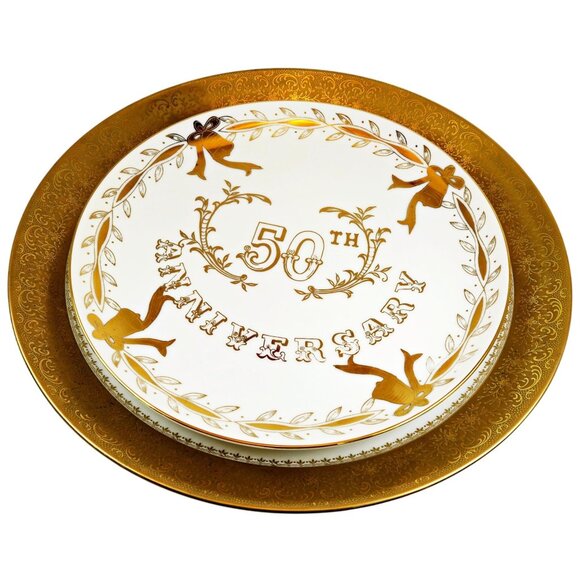 Vintage Golden Anniversary Plate Set Lefton & Bavaria Porcelain 1960s - Picture 1 of 8